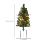 HOMCOM 2' Pre-Lit Small Christmas Tree with Red Berries 2-Piece Set - Green-Flexible placement with battery-operated and cordless design, IP44 waterproof rating allows for outdoor use 