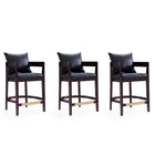Manhattan Comfort Ritz 22" Mid-Century Modern Faux Leather Upholstered Counter Stool - Black and Dark Walnut - 3 Pack-Mid-Century Modern Counter Stool with Backseat Perfect for Bar and Kitchen Use. Set of 3