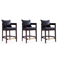 Manhattan Comfort Ritz 22" Mid-Century Modern Faux Leather Upholstered Counter Stool - Black and Dark Walnut - 3 Pack-Mid-Century Modern Counter Stool with Backseat Perfect for Bar and Kitchen Use. Set of 3