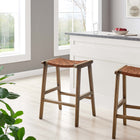 Modway Saoirse Faux Leather Wood Counter Stool - Walnut Brown - Set of 2-Foot Pads for Floor Protection