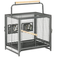 PawHut Metal Bird Travel Carrier Cage with Stand Perch, Stainless Steel Bowls and Pull Out Tray - Black-Feed doors with 2 stainless steel bowls for convenient feeding 