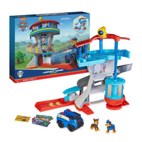 PAW Patrol - Tour de contrôle avec lanceur de voitures miniatures-VÉhicule et 2 figurines chase : ce coffret comprend deux figurines articulées chase (une figurine chase chiot héros et une figurine exclusive chase en repos) ainsi qu'une voiture de police pour les missions de sauvetage à grande vitesse.