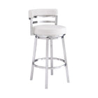Armen Living - Madrid Tabouret de Bar Pivotant de 66 cm de Hauteur de Comptoir en Similicuir Blanc et Acier Inoxydable Brossé-Le mouvement pivotant fluide à 360 degrés de ce tabouret de bar ou de comptoir facilite l’entrée et la sortie du siège, assure une mobilité optimale pour les conversations et les moments de convivialité, et offre un grand confort d’utilisation.