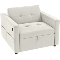 HOMCOM - Fauteuil-lit 3-en-1 convertible avec ports USB pour salon - blanc crème-Conception à tiroir avec roulettes permettant de transformer le canapé en lit simple pour invité en quelques secondes, gain de place  
