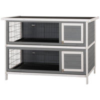 PawHut - Clapier à lapin 2 niveaux, en bois, gris et blanc - 53,75 po L x 19,75 po l x 36,5 po H-Fabriqué en bois de sapin massif reconnu pour sa solidité et sa durabilité 