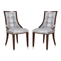 Manhattan Comfort Fifth Avenue 18.5" Traditional Faux Leather Upholstered Dining Chair - Silver and Walnut - Set of 2-Traditional Dining Chair for Dining Room Use. Set of 2