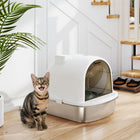 PawHut - Bac à litière pour chat en acier inoxydable fermé avec pelle-Zone de dépôt de sable à l’avant pour piéger la litière et garder les sols plus propres 