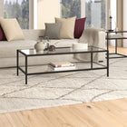 Hudson&Canal - Table basse rectangulaire Hera 54" de largeur avec étagère en verre - Bronze noirci-Finition artisanale appliquée sur un cadre en acier