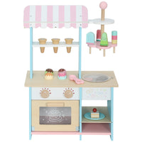 Qaba - Boutique de glaces en bois pour enfants avec aliments-jouets - bleu clair-Comprend un présentoir à desserts et 17 accessoires pour un ensemble de jeu complet 