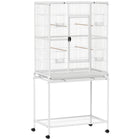 PawHut 64" Large Rolling Metal Bird Cage with Detachable Rolling Stand and Storage Shelf - White-Solid metal frame, steel wire and plastic construction 