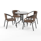 Table ronde en verre/métal 28 po, bordure en rotin brun foncé et 4 chaises empilables en rotin brun foncé (TLH-087RD-037BN4-GG)-Ensemble de table et chaises