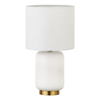 Hudson&Canal Lambert 15" Tall Ceramic Table Lamp with Fabric Shade - Matte White/Brass/White-Modern and contemporary design for your living room, workspace, or bed side table