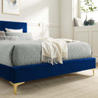 Modway Yasmine Channel Tufted Performance Velvet Full Platform Bed with Gold Metal Legs - Navy-Wood Slat Support System