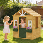 Qaba Outdoor Kids Wooden Playhouse with Working Door, 3 Windows and 2 Flower Boxes - Brown-Features a spacious interior that comfortably accommodates multiple kids for endless fun