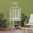 PawHut - Cage à oiseaux 61,5 po H avec support, plateau amovible, toit de jeu, étagère de rangement, perchoir en bois - blanc-Structure en acier, suffisamment solide pour résister aux morsures des oiseaux 