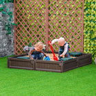 Outsunny - Bac à sable carré d'extérieur pour enfants avec auvent et revêtement en tissu - 123 x 123 cm - Marron-Équipé de 4 sièges d'angle en quart de cercle, permettant aux enfants d'avoir une place pour s'asseoir 
