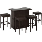 Outsunny 5 Pieces Patio Bar Set with Tempered Glass Top Bar Table and Shelves, 4 Bar Chairs - Dark Brown-5pcs rattan bar set includes 1 bar table and 4 bar stools for indoor and outdoor use