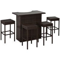 Outsunny - Ensemble de bar de patio 5 pièces avec Table de bar à dessus en verre trempé et étagères, 4 chaises de bar, brun foncé-Ensemble de bar en rotin 5 pièces comprenant 1 table de bar et 4 tabourets pour une utilisation intérieure et extérieure