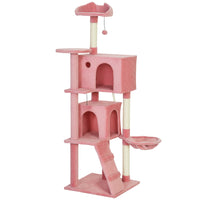 PawHut 63" Cat Tree with Sisal Scratching Posts and Condos - Pink-Features a condo, hammock and platforms, meeting all your cat's needs 