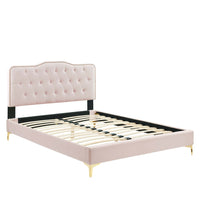 Modway Amber Full Lit Plateforme Avec Pieds en Métal Doré - Rose-TOUFFE BOUTONNÉE – Apportez le glam-déco et le style vintage moderne à un adolescent ou à la chambre d’amis avec la tête de lit complète de ce lit à plateforme dotée de touffes boutonnées, de moulures en forme de tête d’ongles et d’une silhouette charmante