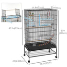 PawHut 63" H Bird Cage with Rolling Stand, Toys, Removable Tray and Storage Shelf - Black-Includes three wooden perches and four plastic food containers 