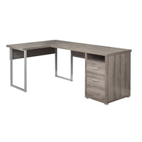 Monarch Specialties 7255 80" Computer Desk - Dark Taupe Left Or Right Facing-Contemporary L-shaped computer desk in a wood-look taupe brown laminate finish, supported by sturdy, grey metal legs in a modern rectangular design.