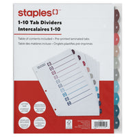 Staples Pre-Printed Index Dividers - 1-10 - Fashion Colours-Tab dividers are numbered 1 through 10 to keep documents organized