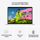 Apple MacBook Air 15" - M5 - 10-core CPU - 512 GB SSD - 16 GB Unified Memory - Silver-12MP Center Stage Camera - Automatically stay in frame during video calls with Center Stage, or share a top-down view of your workspace with Desk View. And with a three-mic array and six-speaker sound system with Spatial Audio and Dolby Atmos, everything sounds great