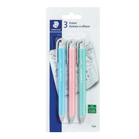 Staedtler Retractable PVC-Free Eraser - Assorted - 3 Pack-Pastel blue, pastel pink and pastel green, Retractable