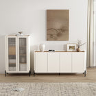 Manhattan Comfort Abbey Modern Bookcase and Sideboard - Maple and Off White - Set of 2-Decor Cabinet Includes 2 Ribbed Tempered Glass Soft Close Doors with 4 Adjustable Shelf Spaces. Sideboard Includes 4 Soft Close Doors with 4 Adjustable Shelf Spaces