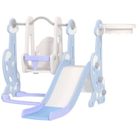 Qaba 4-in-1 Toddler Slide and Swing Set with Basketball Hoop and Climber - Light Blue-Engaging rocket design sparks imaginative play 