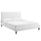 Modway Peyton Performance Velvet Queen Platform Bed with Wood Legs and Gold Metal Sleeves - White-Reinforced Center Beam and Support Legs