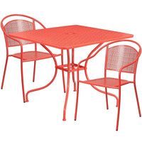 Table de jardin carrée de 35,5 po en acier corail avec 2 chaises à dossier rond, intérieur/extérieur [CO-35SQ-03CHR2-RED-GG]-Ensemble comprenant une table et 2 chaises