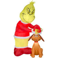 GEMMY Airblown Inflatable Christmas Grinch Putting Santa Hat on Max-The Grinch places a Santa hat on Max