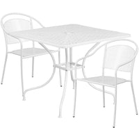 35.5'' Square White Indoor-Outdoor Steel Patio Table Set with 2 Round Back Chairs [CO-35SQ-03CHR2-WH-GG]-Set Includes Table and 2 Chairs