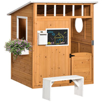 Outsunny Wooden Outdoor Playhouse for Kids with Working Door, Windows, Mailbox, Bench - Yellow-Mailbox, blackboard, bench, service station, and flowerpot holder included for the actual playing experience
