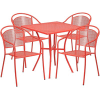 Table de jardin carrée de 28 po en acier corail et 4 chaises au dossier rond, intérieur/extérieur [CO-28SQ-03CHR4-RED-GG]-L’ensemble comprend une table et quatre chaises