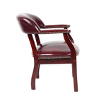 Nicer Furniture Traditional Captain's Chair - Burgundy Vinyl Leather-Burgundy vinyl/leatherette with brass nail head trimon arms and seat; Sturdy hardwood frame with mahogany finish