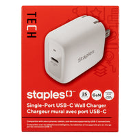 Staples GaN USB-C Wall Charger - 25W - White-25W PD (Power Delivery) single-port USB-C wall charger charges devices faster than a standard 5W USB charger