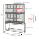 PawHut - Cage à oiseaux divisée 61 po H avec support à roulettes, plateau en métal amovible, étagère de rangement - gris foncé-4 roues universelles, dont 2 avec freins, assurent un déplacement rapide et sécurisé. 