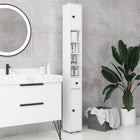 Kleankin - Armoire de rangement de salle de bain avec étagères et porte-papier toilette - blanc brillant-Le motif de lignes géométriques sur les panneaux de porte apporte une touche moderne et charmante 