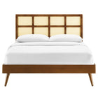 Modway Sidney Cane and Wood Queen Platform Bed with Splayed Legs - Walnut-Woven Cane Rattan Headboard