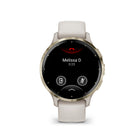 Garmin Venu 3S Watch - 41 mm - Soft Gold Stainless Steel Bezel with Ivory Case and Silicone Band-Enjoy the convenience of making and taking phone calls from your wrist — even use your smartphone’s voice assistant to respond to text messages and more (when paired with your compatible iPhone® or Android™ smartphone); plus, you can respond to texts via voice, or Android users can text directly from their smartwatch