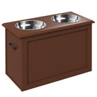 PawHut Elevated Large Dog Bowls with Storage - Brown-The dog bowl stand is made of P2 grade MDF panel and stainless steel, very sturdy and rust-resistant 