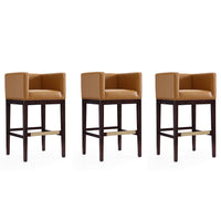 Manhattan Comfort Kingsley 21" Mid-Century Modern Faux Leather Upholstered Bar Stool - Camel and Dark Walnut - 3 Pack-Mid-Century Modern Barstool with Backseat Perfect for Bar and Kitchen Use. Set of 3