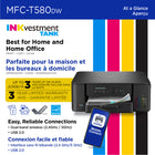 Brother - MFC-T580DW Imprimante tout-en-un à jet d’encre couleur sans fil INKvestment Tank assortie de 3 ans d’encre-Connexion de l’imprimante via un réseau sans fil ou USB