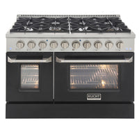 Kucht 48" KDF Series Pro Style Propane Ready Dual Fuel Range - Stainless Steel/Black-Cook and bake like a pro with 2 separate ovens with large oven windows, the main is a heavy-duty blue porcelain oven with 4.2 cu. ft. of capacity while the additional side oven has 2.5 cu. Ft