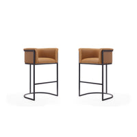 Manhattan Comfort Cosmopolitan 23.7" Mid-Century Modern Faux Leather Upholstered Bar Stool - Camel and Black - 2 Pack-Mid-Century Modern Barstool with Backseat Perfect for Bar and Kitchen Use. Set of 2