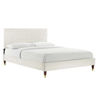 Modway - Yasmine Lit plateforme complet en velours haute performance avec capitonnage vertical et pieds en bois et Manchons en métal doré - Blanc-Velours de performance résistant aux taches