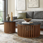 Modway Fortitude Round Faux Marble Top Nesting Coffee Table Set - Walnut Black - Set of 2-Wood Drum Base